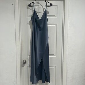 Gray satin party dress, one-piece, fits true to size
